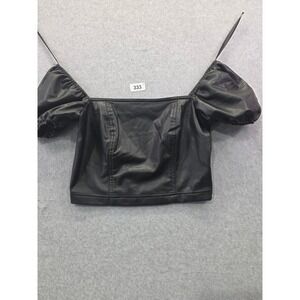 7 For All Mankind Black Vegan Leather Puff Sleeve Crop Top XS Off Shoulder Zip